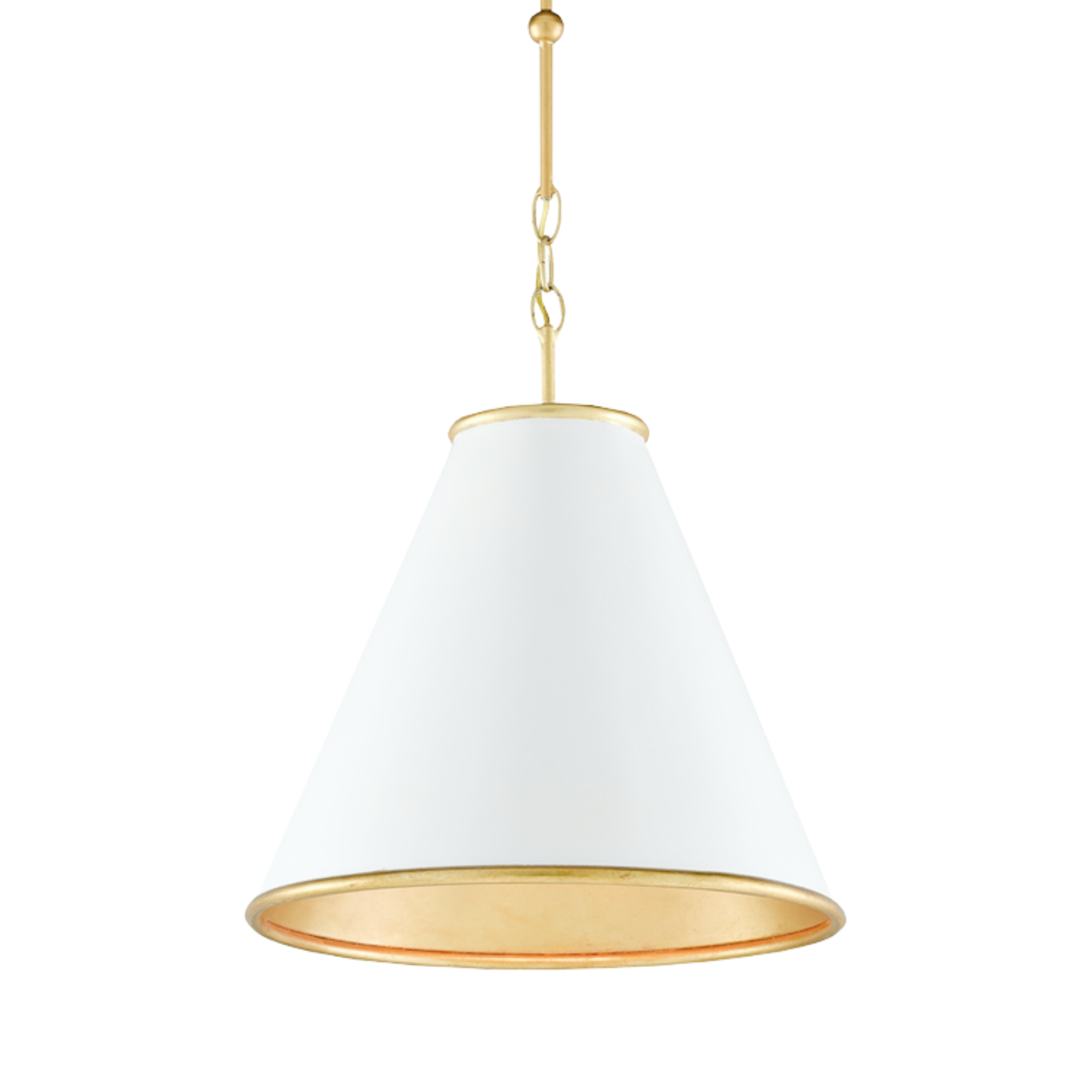 A white pendant light with a gold leaf finish on the interior, featuring a chain of gold leaf rods and a gold cord for hanging.